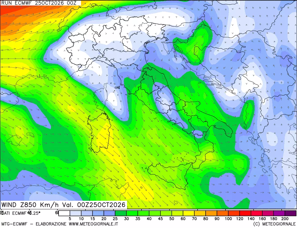 mappa Direzione e forza del vento a 850hPa
