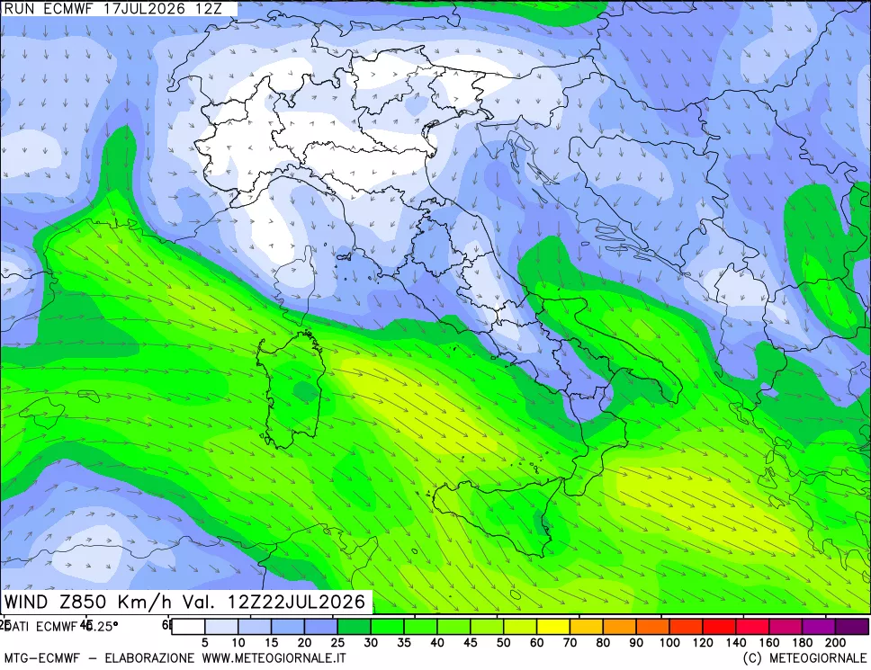 mappa Direzione e forza del vento a 850hPa