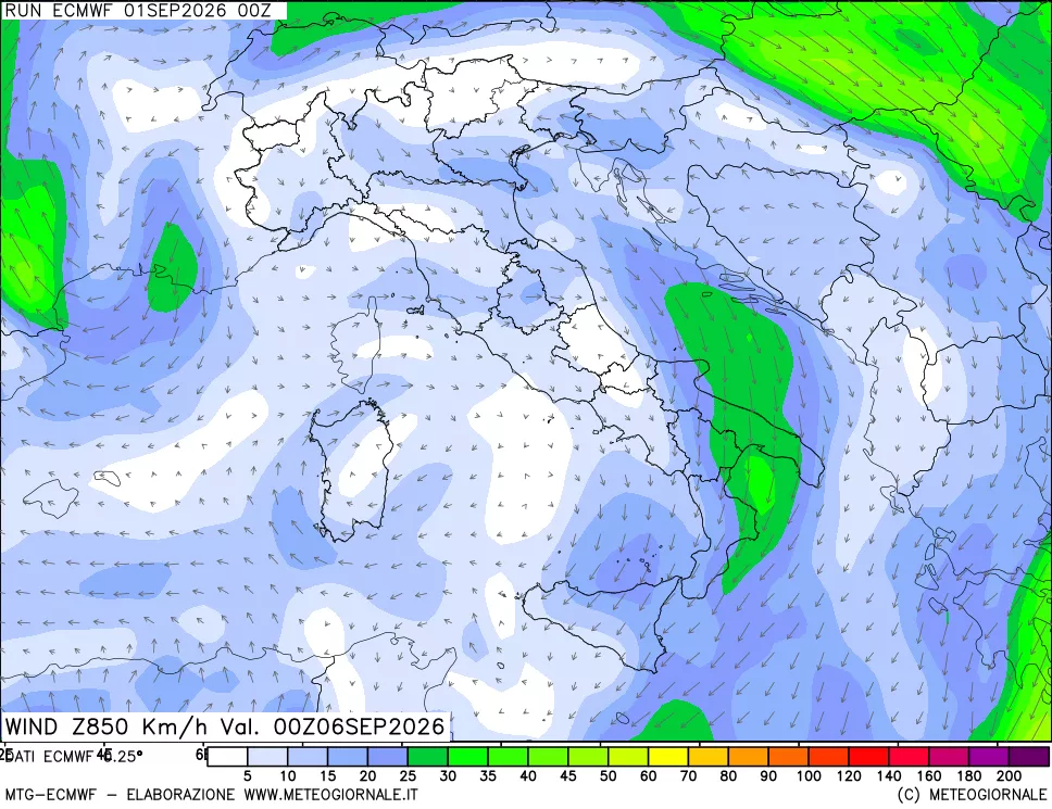 mappa Direzione e forza del vento a 850hPa