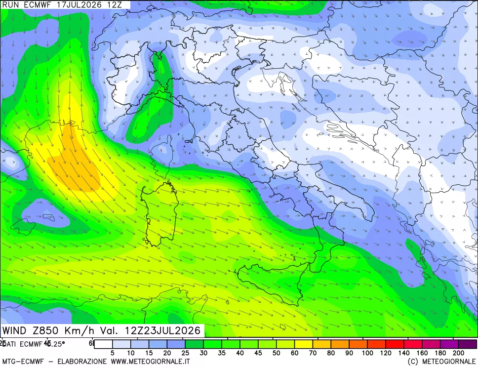 mappa Direzione e forza del vento a 850hPa