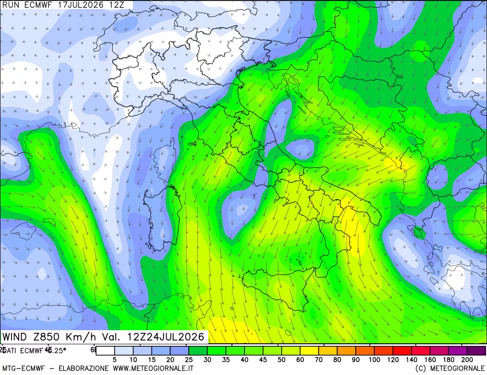 mappa Direzione e forza del vento a 850hPa