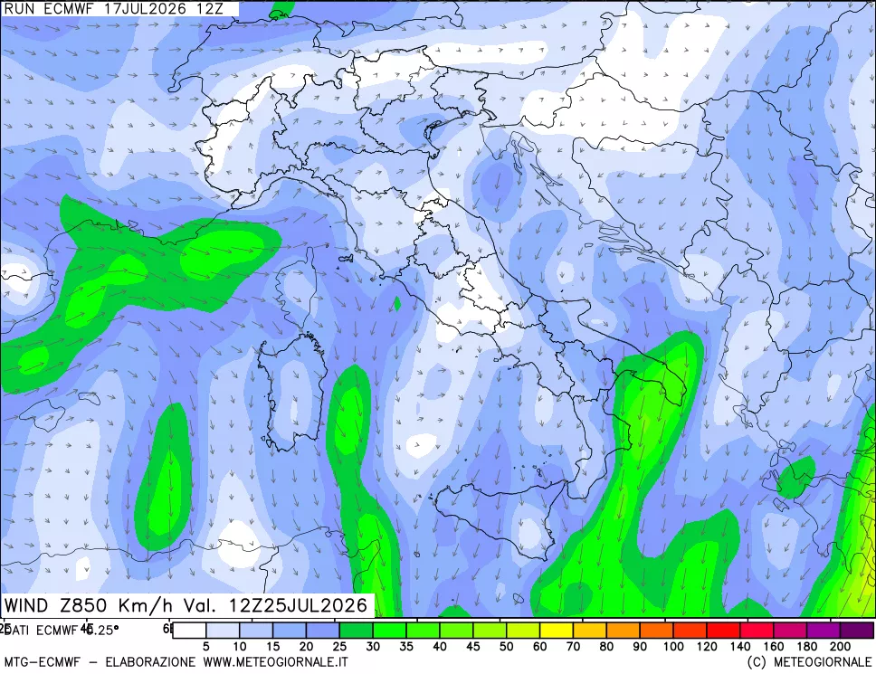mappa Direzione e forza del vento a 850hPa
