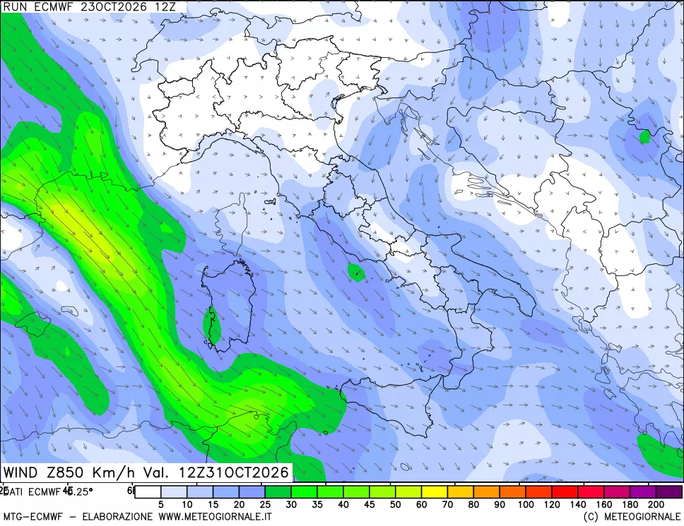mappa Direzione e forza del vento a 850hPa