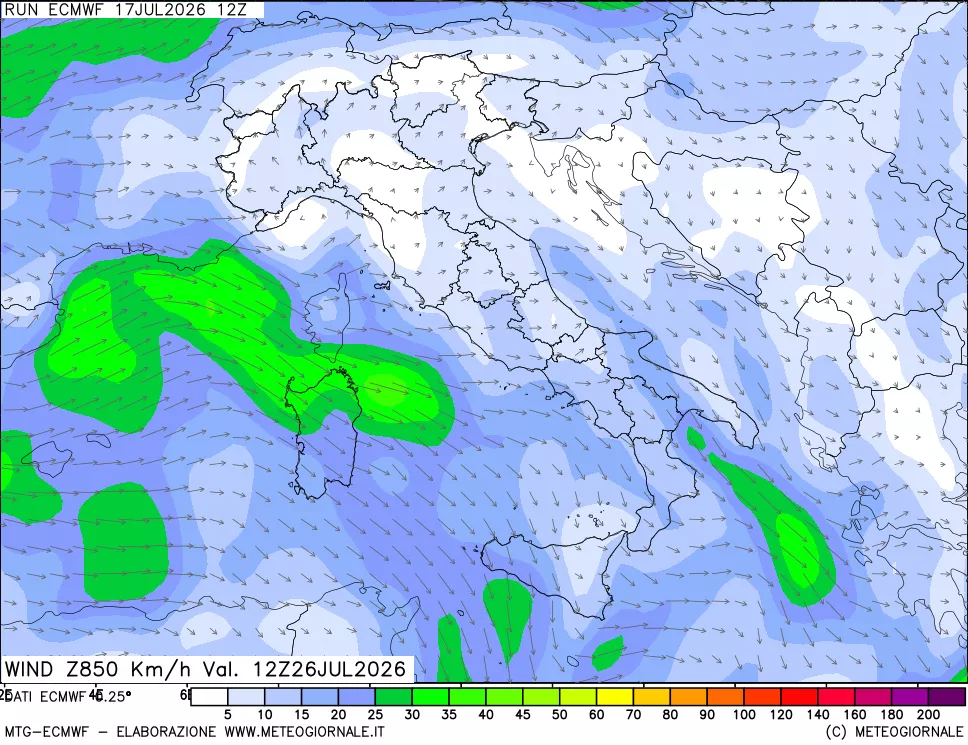 mappa Direzione e forza del vento a 850hPa