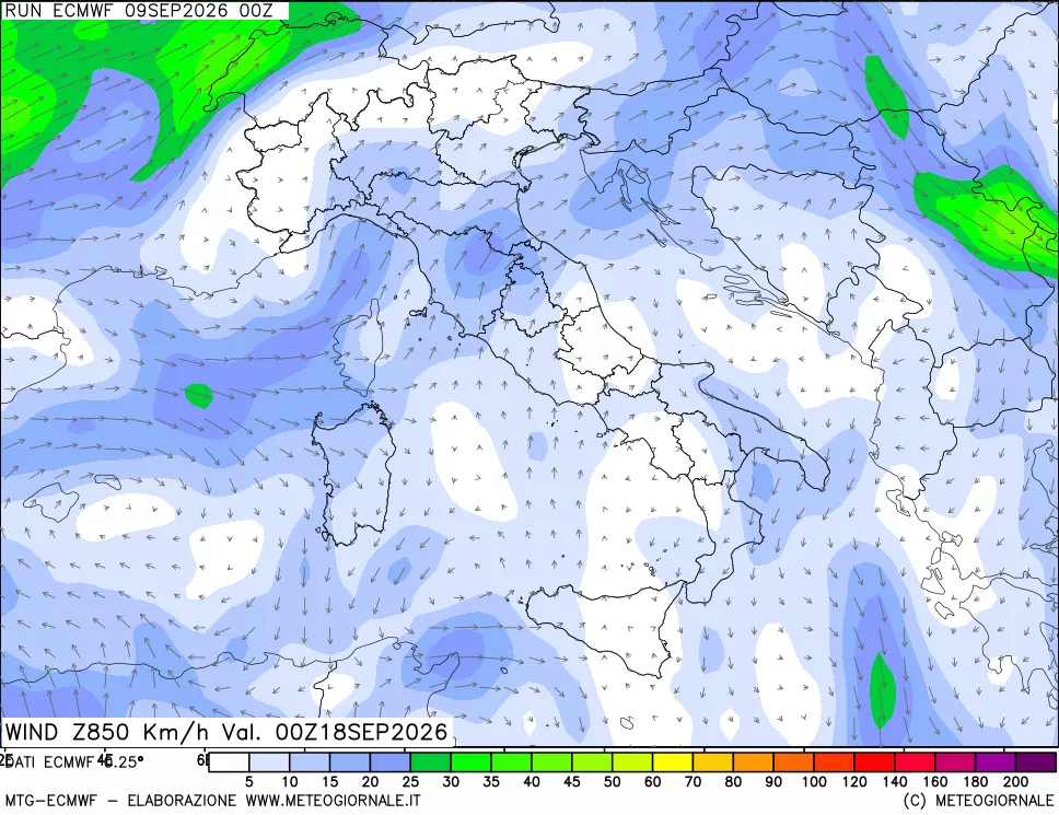 mappa Direzione e forza del vento a 850hPa