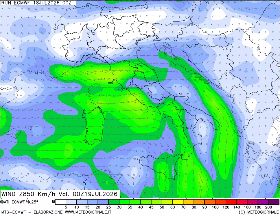 mappa Direzione e forza del vento a 850hPa