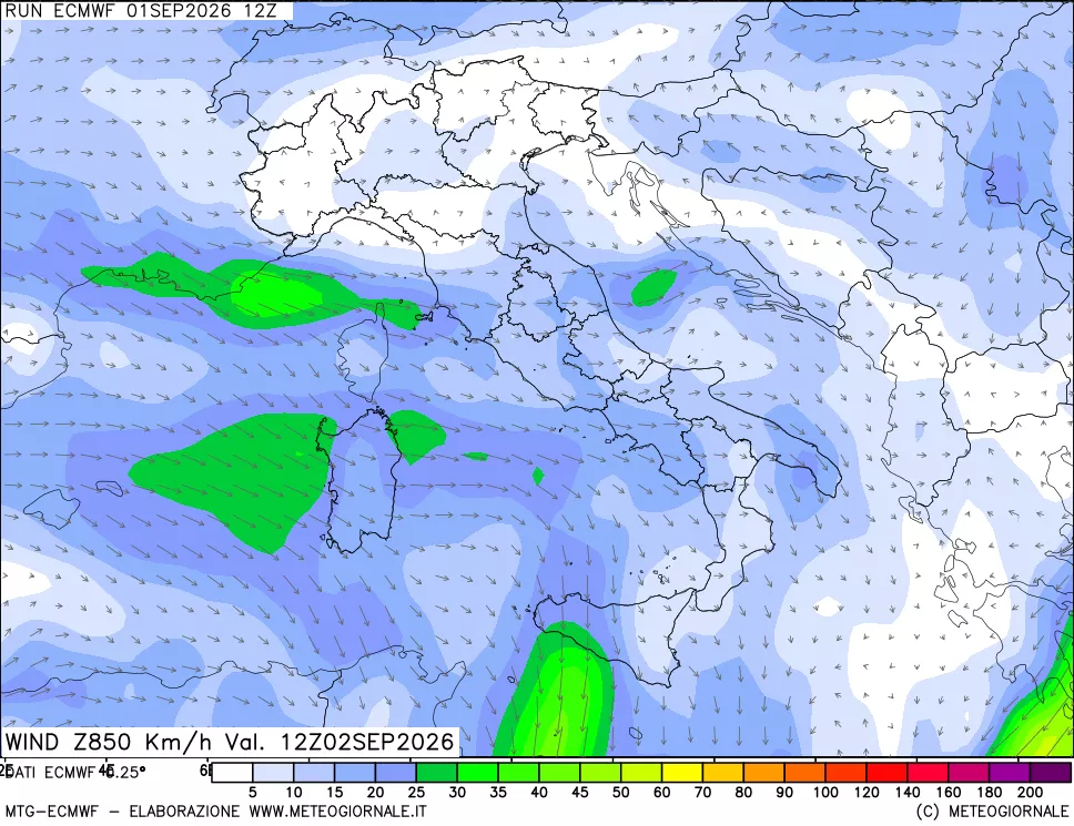 mappa Direzione e forza del vento a 850hPa