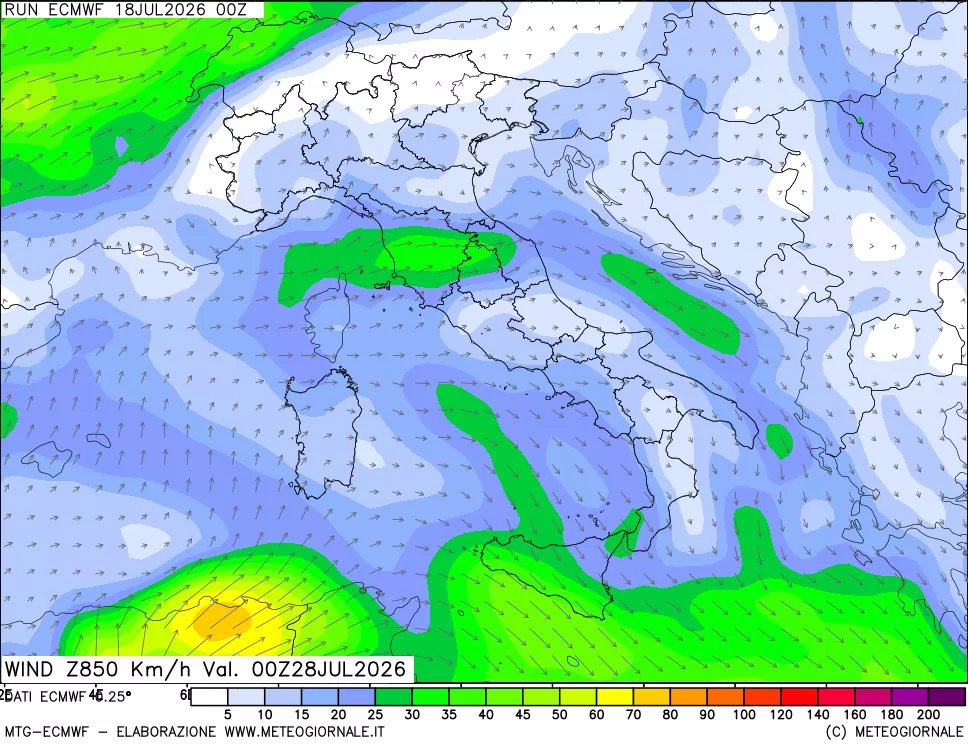 mappa Direzione e forza del vento a 850hPa