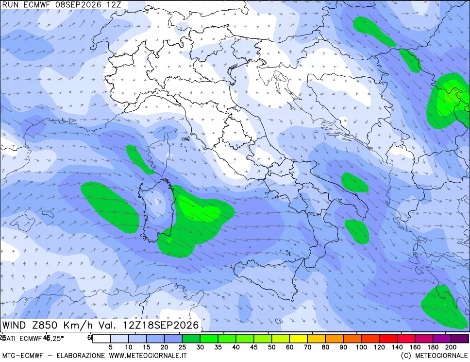 mappa Direzione e forza del vento a 850hPa