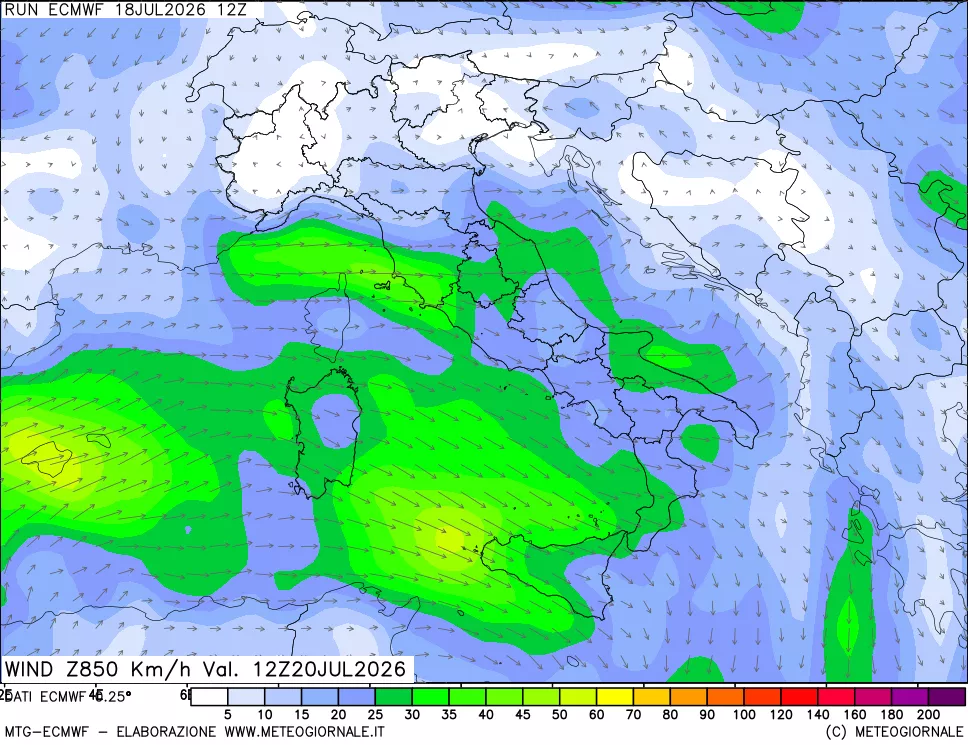 mappa Direzione e forza del vento a 850hPa