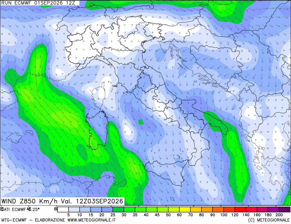 mappa Direzione e forza del vento a 850hPa