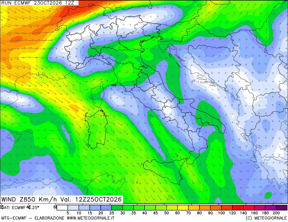 mappa Direzione e forza del vento a 850hPa
