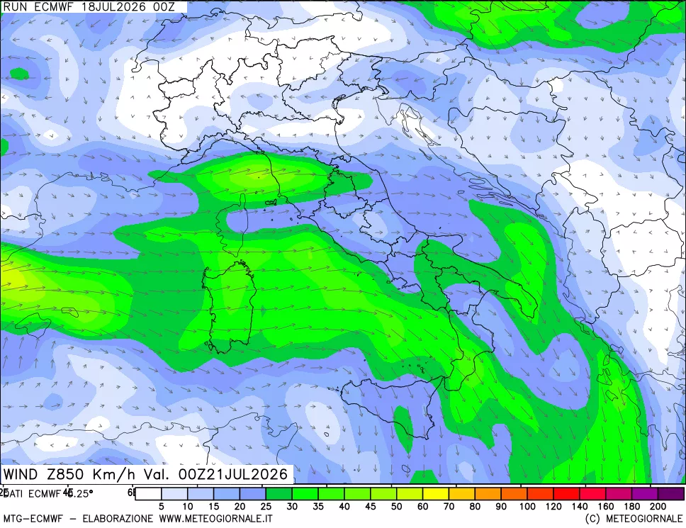mappa Direzione e forza del vento a 850hPa