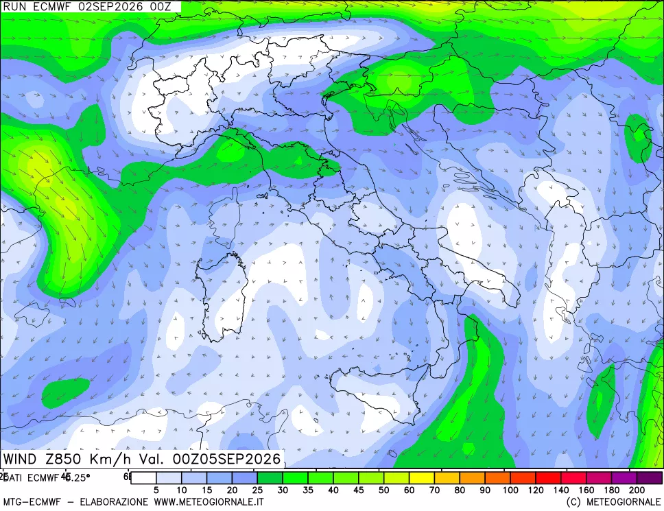 mappa Direzione e forza del vento a 850hPa