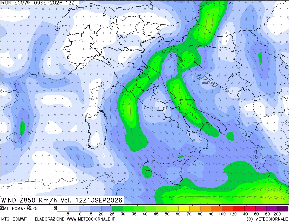 mappa Direzione e forza del vento a 850hPa