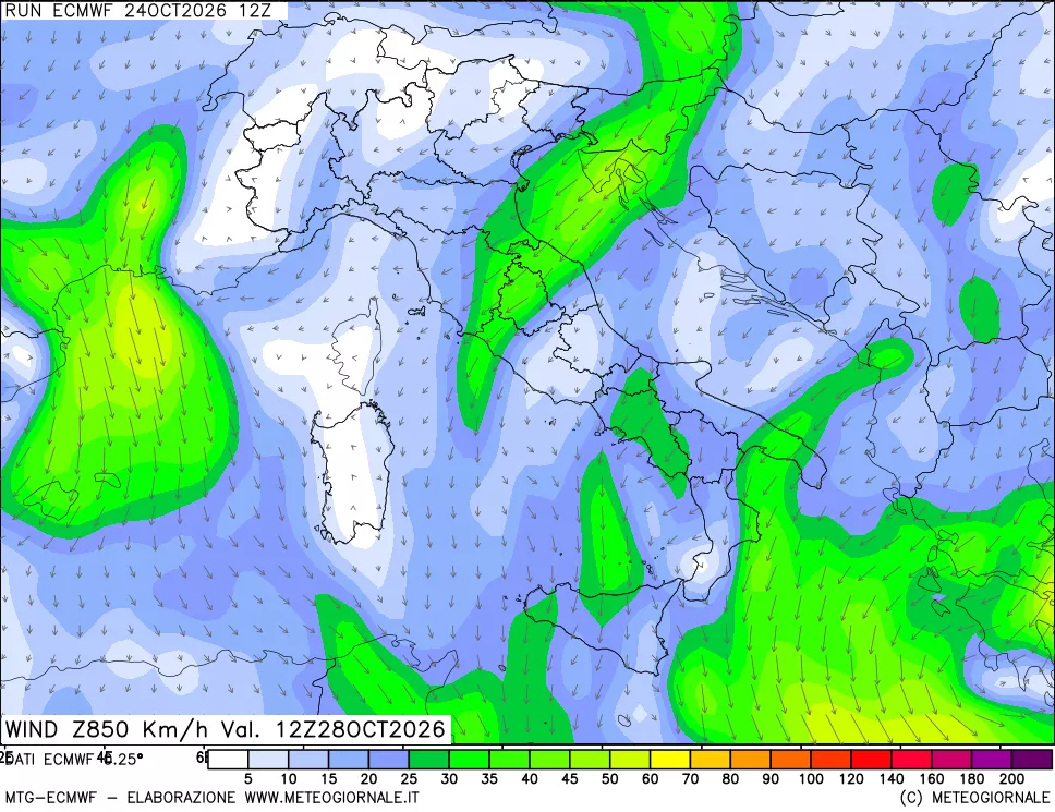 mappa Direzione e forza del vento a 850hPa