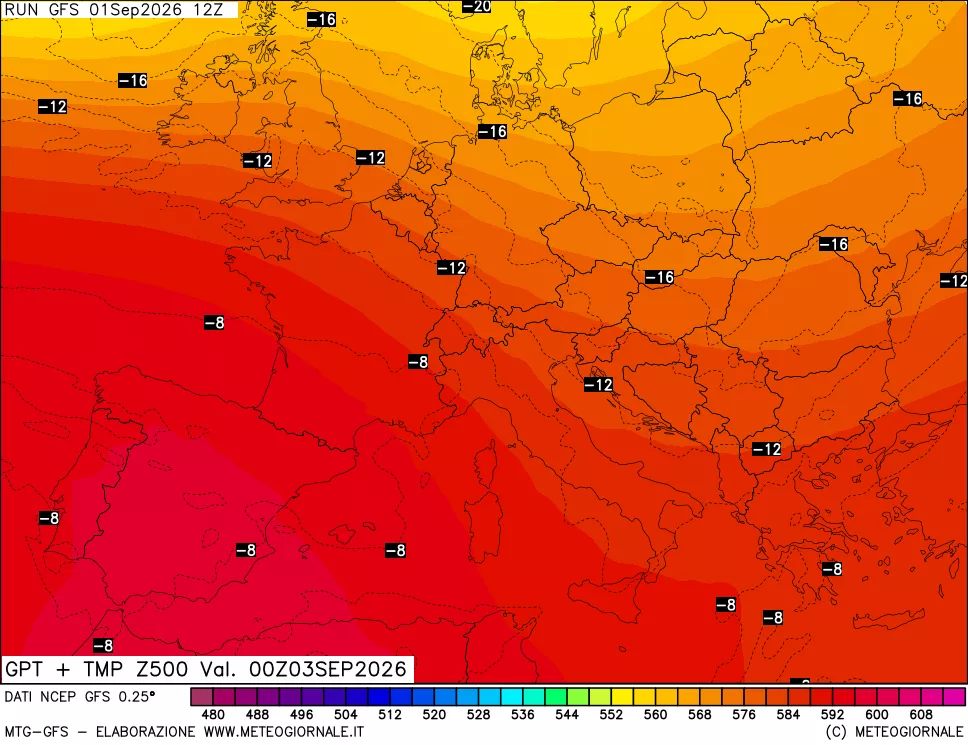 mappa 500 hPa GPT + Temp
