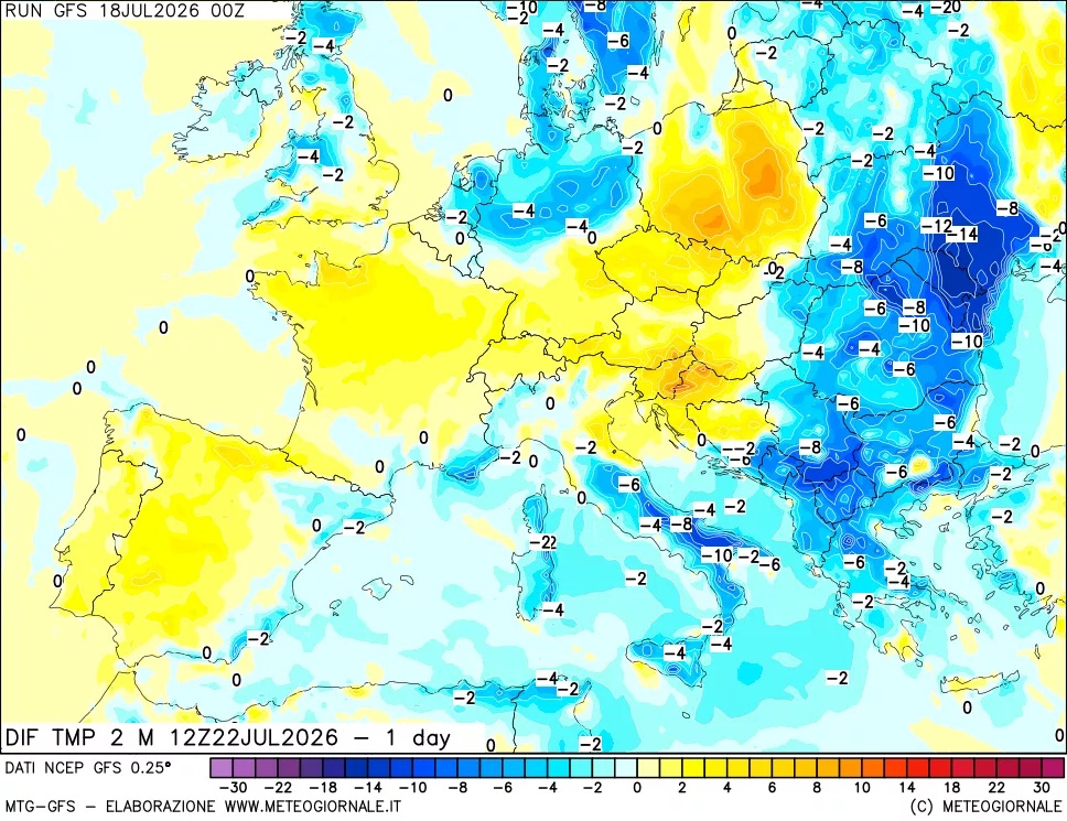 mappa Dif. Temp a 2 metri Valid - 1 day