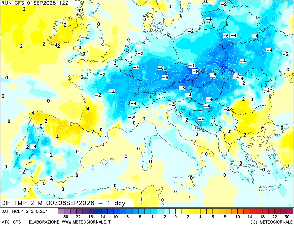 mappa Dif. Temp a 2 metri Valid - 1 day