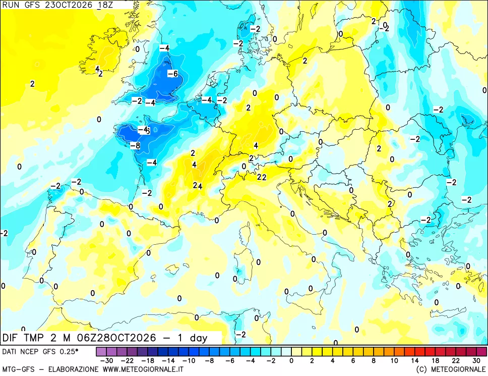 mappa Dif. Temp a 2 metri Valid - 1 day
