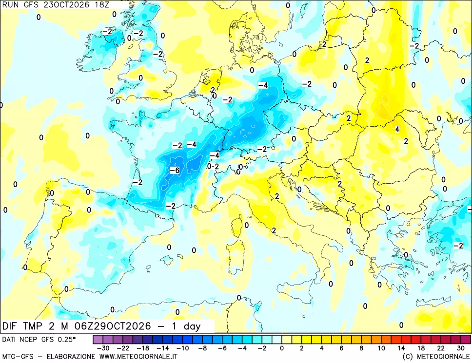 mappa Dif. Temp a 2 metri Valid - 1 day