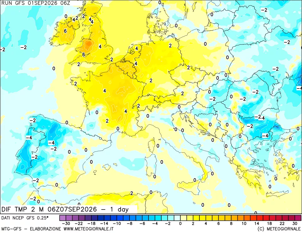 mappa Dif. Temp a 2 metri Valid - 1 day