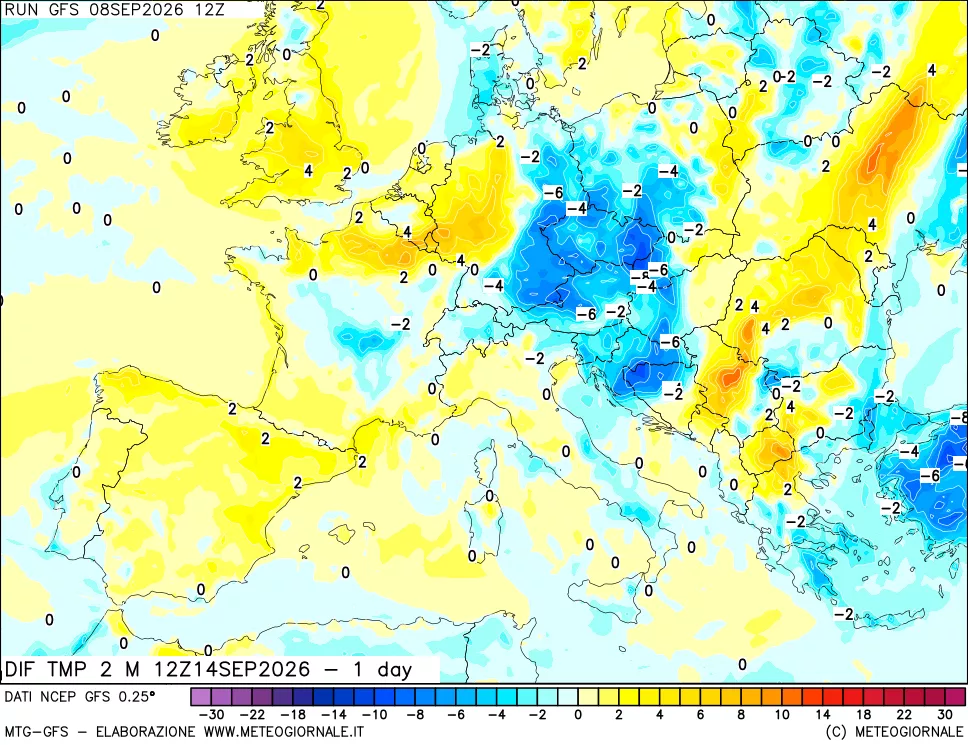 mappa Dif. Temp a 2 metri Valid - 1 day
