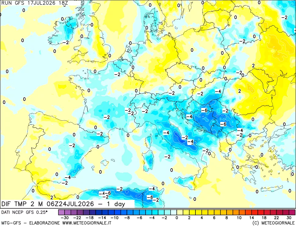 mappa Dif. Temp a 2 metri Valid - 1 day