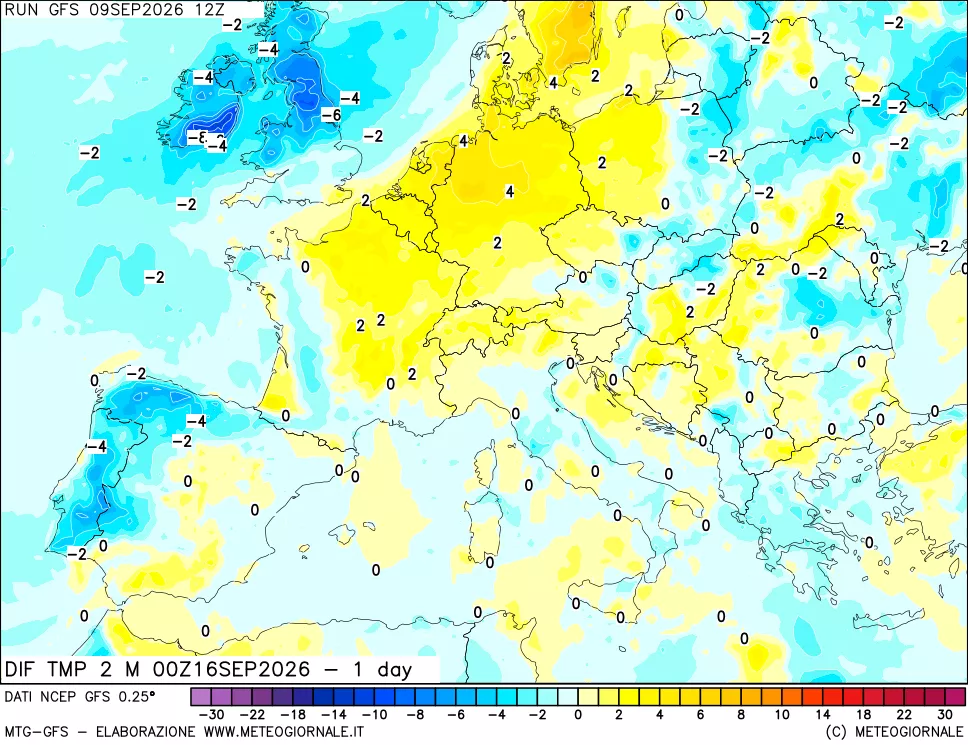 mappa Dif. Temp a 2 metri Valid - 1 day