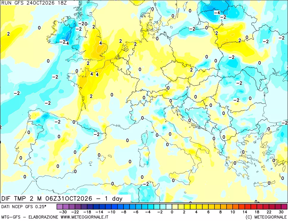 mappa Dif. Temp a 2 metri Valid - 1 day