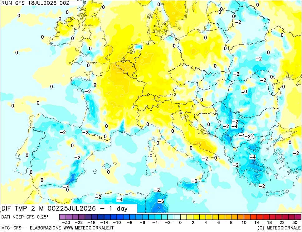 mappa Dif. Temp a 2 metri Valid - 1 day
