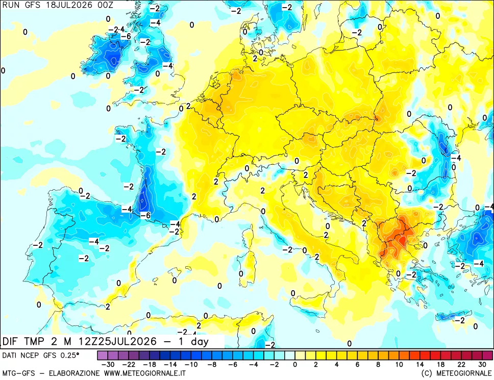 mappa Dif. Temp a 2 metri Valid - 1 day