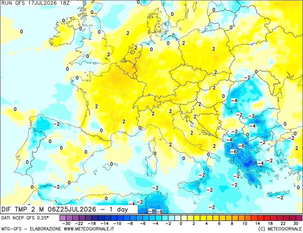 mappa Dif. Temp a 2 metri Valid - 1 day