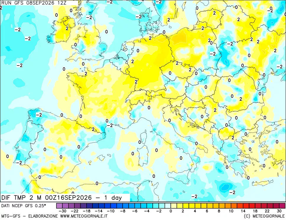mappa Dif. Temp a 2 metri Valid - 1 day
