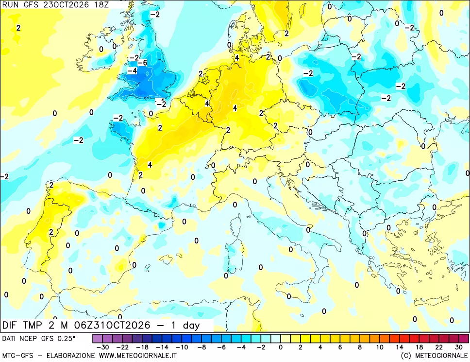 mappa Dif. Temp a 2 metri Valid - 1 day