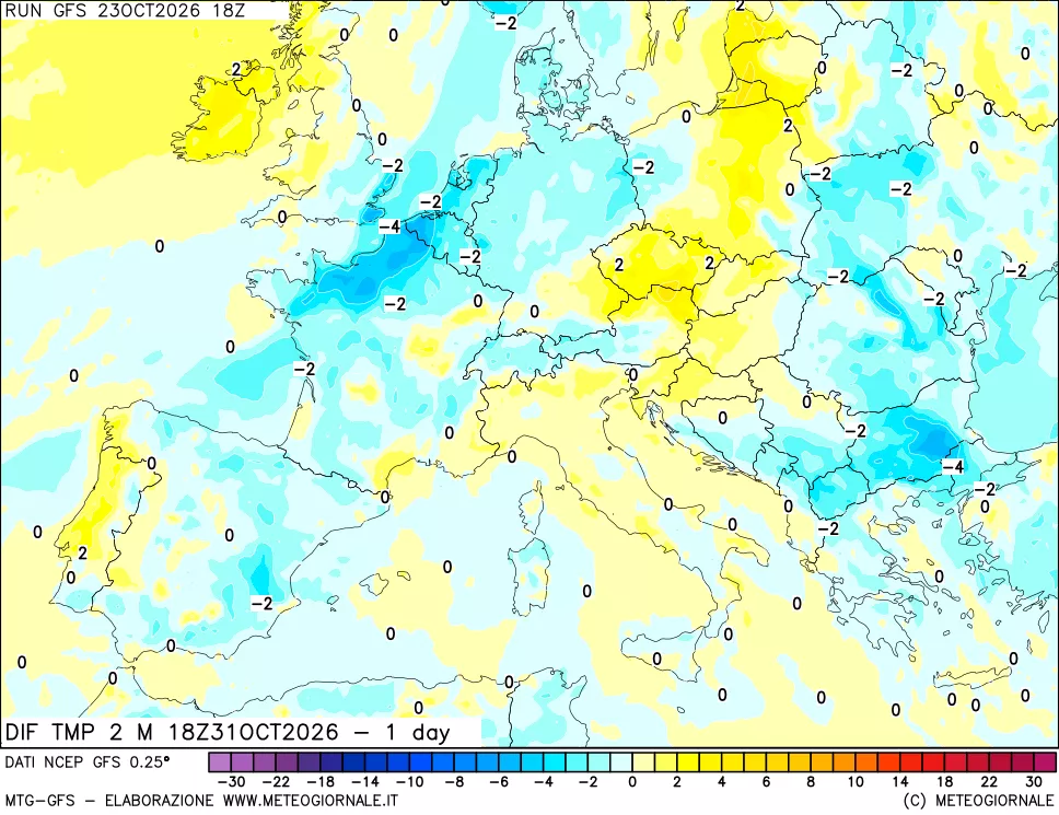 mappa Dif. Temp a 2 metri Valid - 1 day
