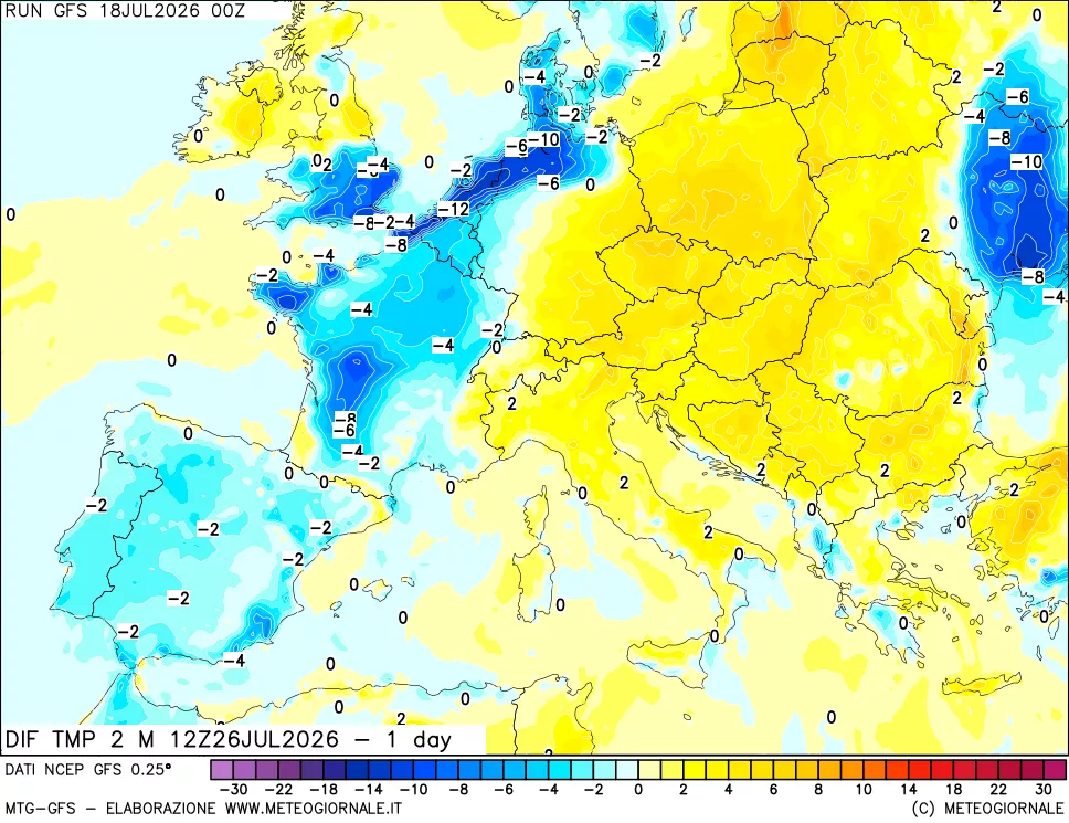 mappa Dif. Temp a 2 metri Valid - 1 day