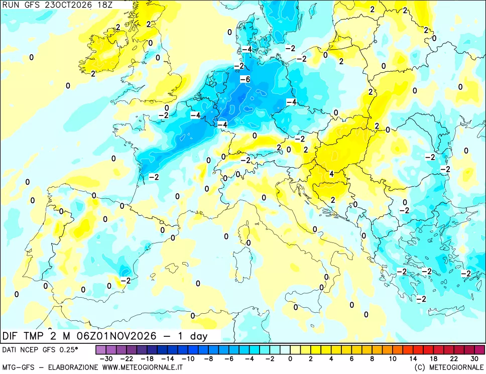 mappa Dif. Temp a 2 metri Valid - 1 day