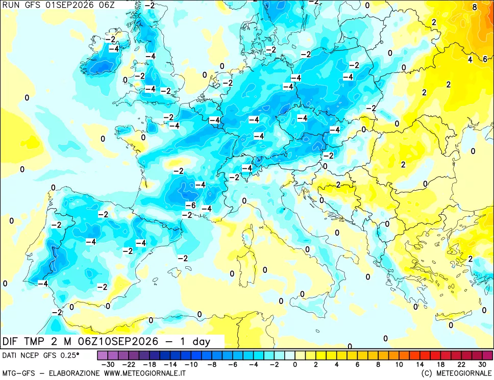 mappa Dif. Temp a 2 metri Valid - 1 day