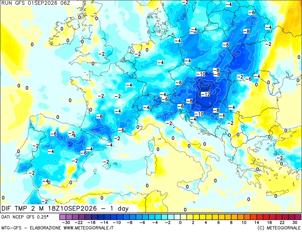 mappa Dif. Temp a 2 metri Valid - 1 day