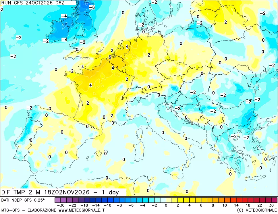 mappa Dif. Temp a 2 metri Valid - 1 day