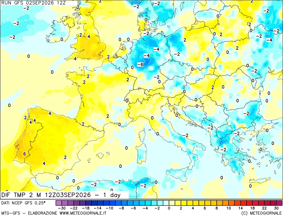 mappa Dif. Temp a 2 metri Valid - 1 day