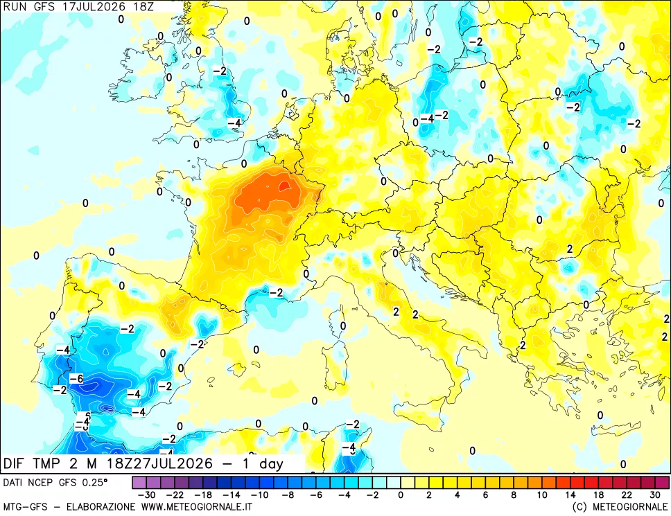 mappa Dif. Temp a 2 metri Valid - 1 day