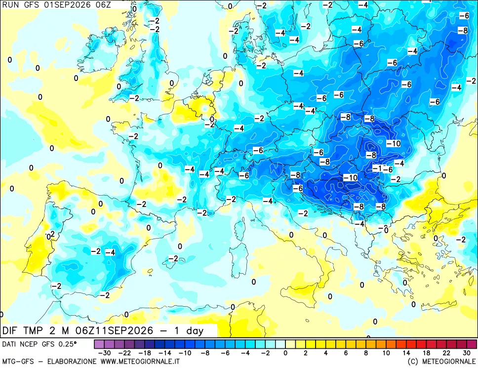 mappa Dif. Temp a 2 metri Valid - 1 day