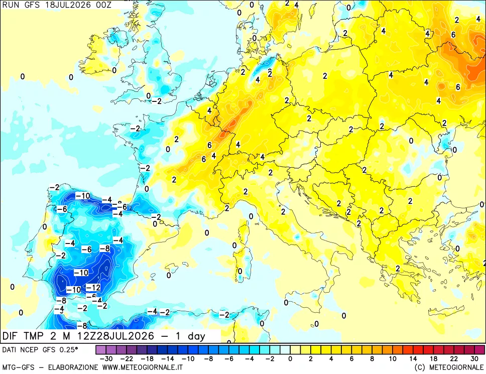 mappa Dif. Temp a 2 metri Valid - 1 day