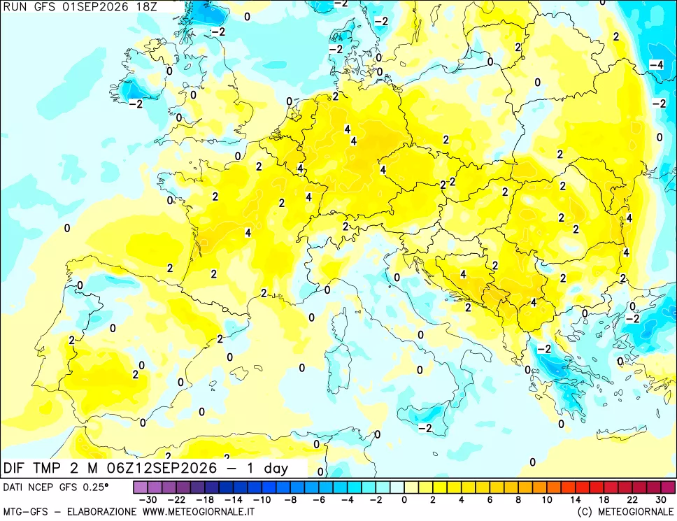 mappa Dif. Temp a 2 metri Valid - 1 day