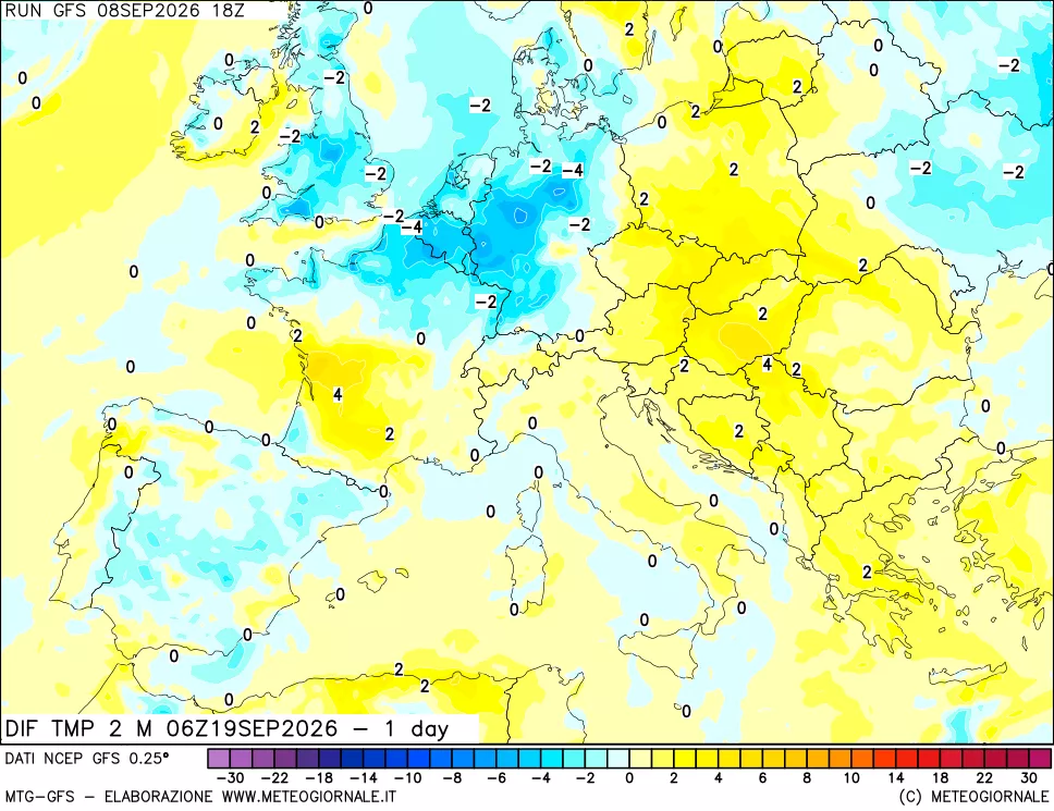 mappa Dif. Temp a 2 metri Valid - 1 day