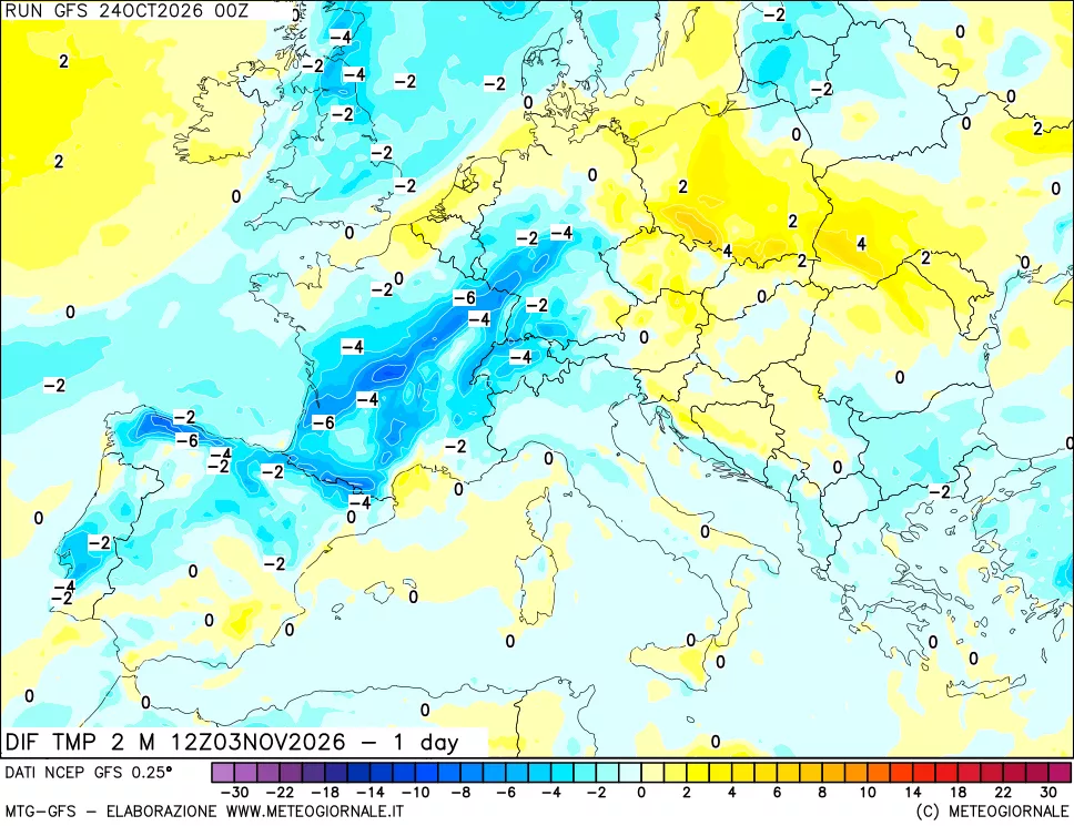 mappa Dif. Temp a 2 metri Valid - 1 day