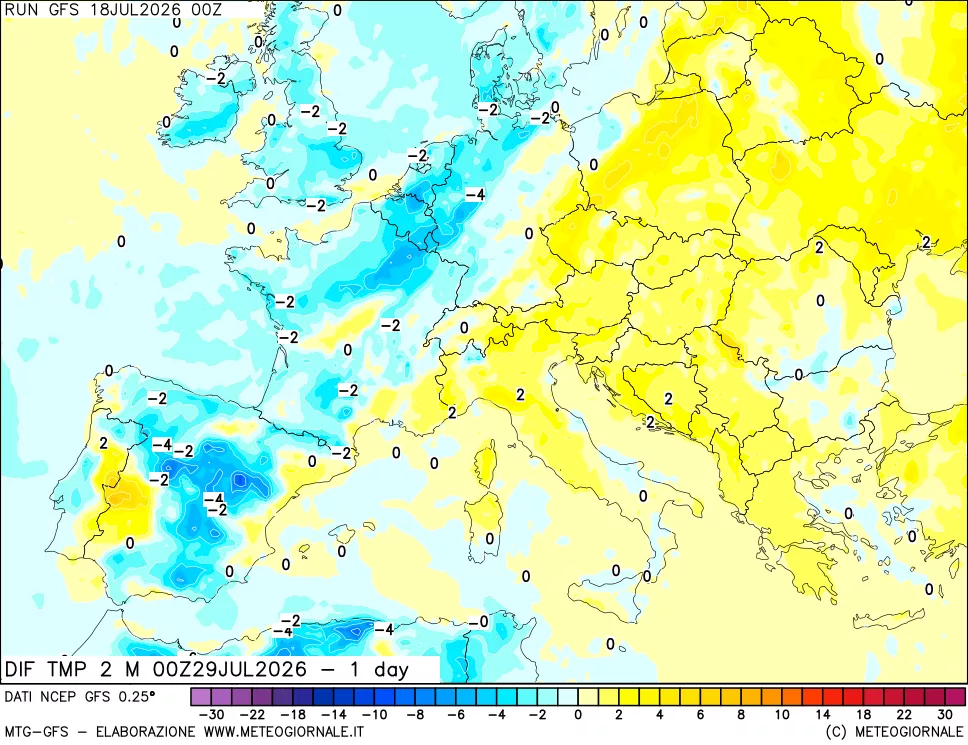 mappa Dif. Temp a 2 metri Valid - 1 day