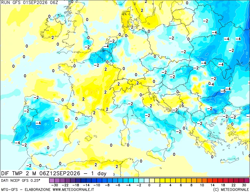 mappa Dif. Temp a 2 metri Valid - 1 day
